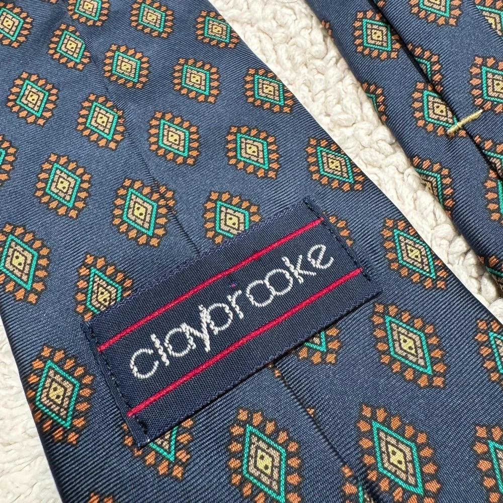 Vintage ClayBrooke Tie Blue Green Geometric Monogram Medallion Foulard Silk